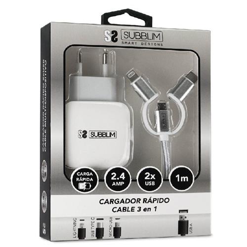 CARGADOR USB ENCHUFE PARED SUBBLIM 1ZWC01 12W 2XUSB CABLE 3 EN 1 BLANCO