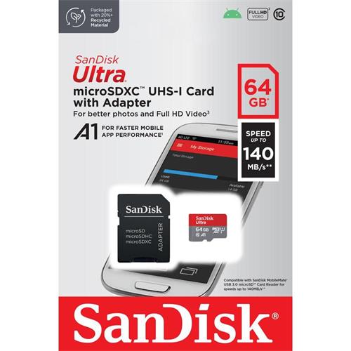 MEMORIA MICROSD 64GB. SANDISK ULTRA CON ADAP. SD 140MB SDSQUAB-064G-GN6MA