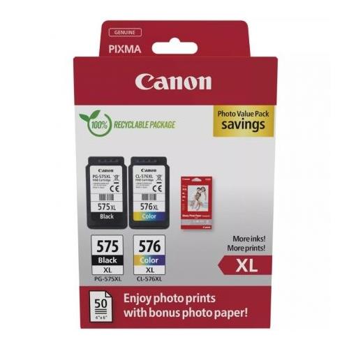 CARTUCHO PG575XL 575XL + CL576XL 576XL  PACK NEGRO+COLOR + PAPEL CANON