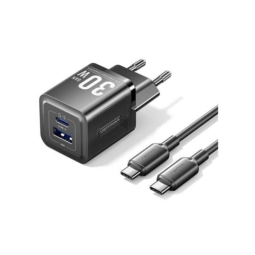 CARGADOR DE PARED 30W VENTION TZFEQB0 USB  / USB-C  + CABLE USB-C NEGRO