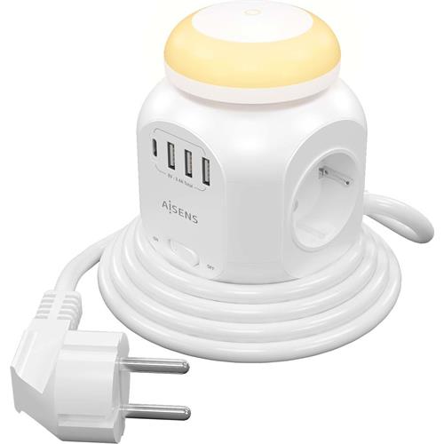 REGLETA CON INTERRUPTOR Y LUZ AISENS ASPS-3A1CL01-W 4T /USB-C/ 3 USB BLANCO